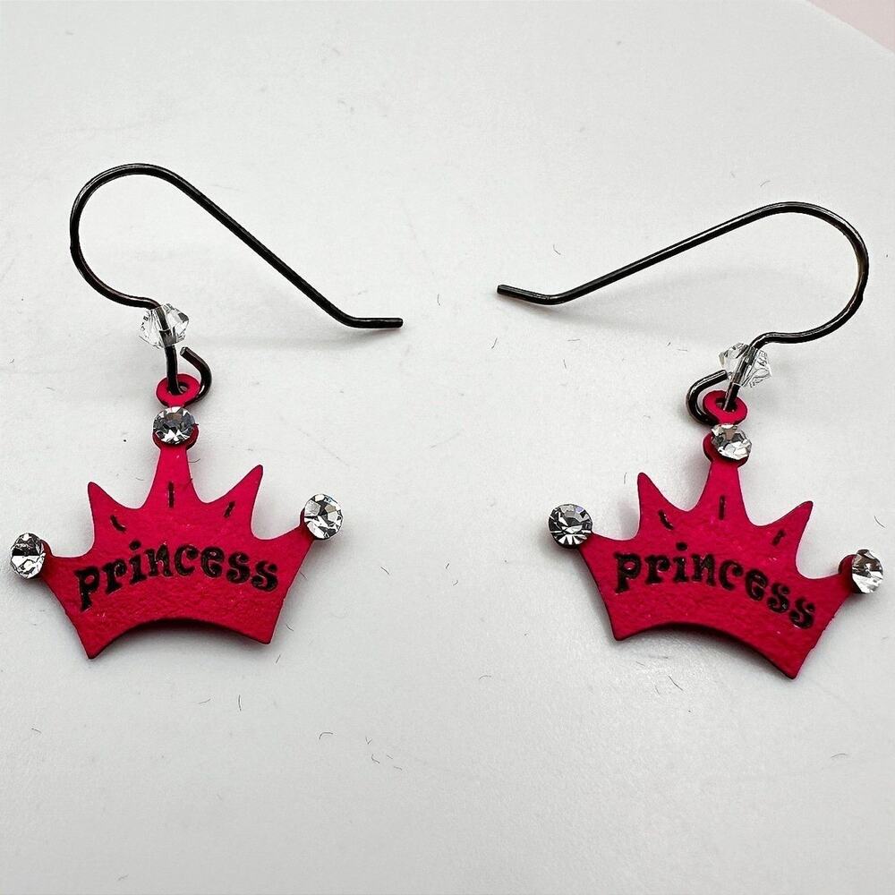 Vintage 90s Y2K Pink Princess Crown Rhinestone Dangle Earrings Women's Jewelry